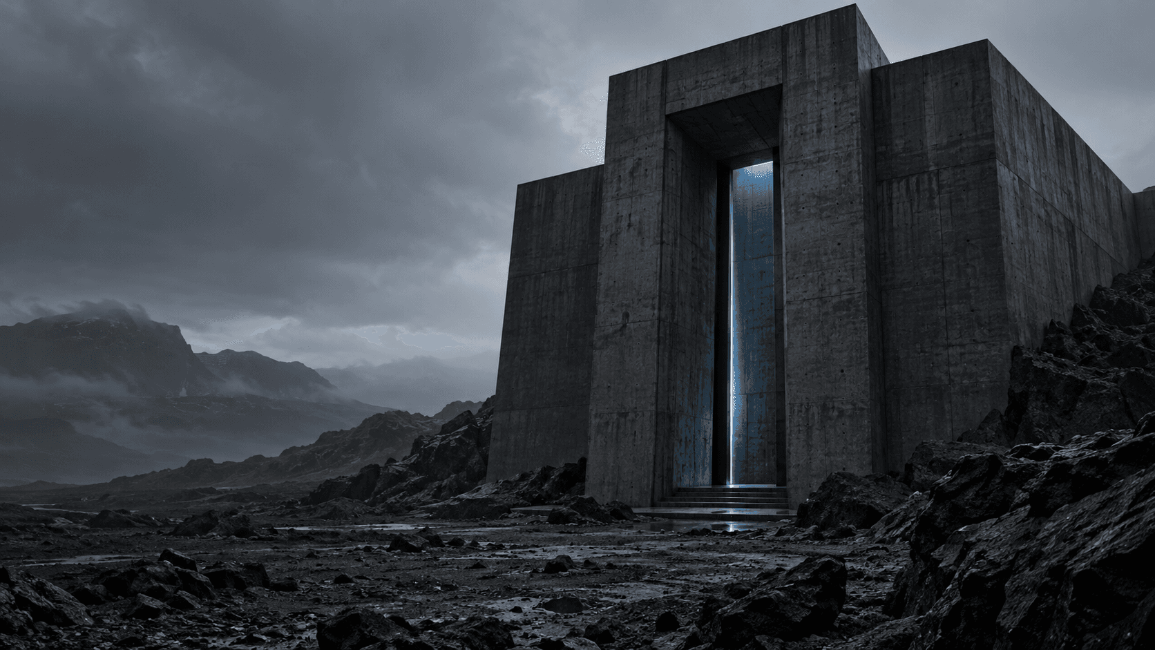 A monumental concrete bunker set into a basalt landscape, with a narrow illuminated entrance